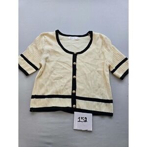 Knit Mix Womens Cream Black Ribbed Short Sleeve Button Front Cardigan Top M